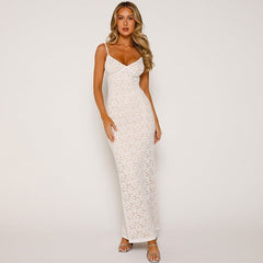 Deep V Lace Halter Back Maxi Dress