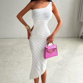 Irregular off-shoulder striped knitted dress