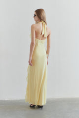 Yellow solid color halter back lace dress