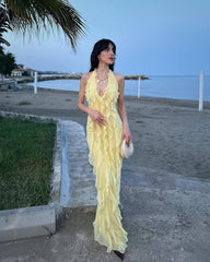 Yellow solid color halter back lace dress