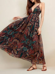 Printed V-neck Seaside Suspender Dress