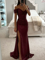 Party Sequined Boat Neck Slit Dress