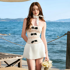 Lace waist black bow embellished slim dress