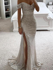 Party Sequined Boat Neck Slit Dress