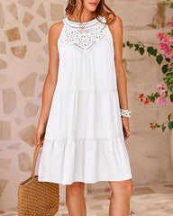 Hollow Lace Stitching Halter Neck A-Line Dress