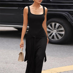 Solid color square neck low cut high waist dress