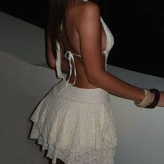 Deep V hollow halter neck strap backless puffy dress