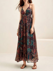 Printed V-neck Seaside Suspender Dress