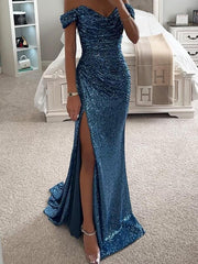 Party Sequined Boat Neck Slit Dress
