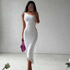 Irregular off-shoulder striped knitted dress