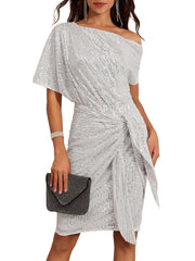 Trimmed Glitter One Shoulder Pleated Dress