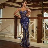 Long Sequined Boat Neck Halter Back Evening Dress