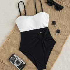 Patchwork One-Piece Suits Cut Out Swimwear Push UP Hollow One Piece Swimsuit Monokini Beach Lady Bathing Suit