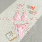 Pink Bow Swimwear String Halter Triangle Micro Bikini Thong Swimsuit Lace-up Wrinkled Bathing Suit Mini Bikinis Sets