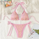 Pink Mesh Sequin Halter String Triangle Bikini Damen Micro Thong Swimsuit Bathing Suits Swimwear Bikinis Sets