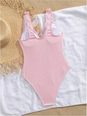 Pink One Piece Swimsuit Metal Starfish Ornament Hollow Out V Neck Tummy Control Swimwear Beach Bathing Suit Monokini