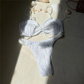 Purple Wrinkle Swimwear Front Lace-up Bandeau Bikinis Sets