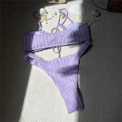 Purple Wrinkle Swimwear Front Lace-up Bandeau Bikinis Sets
