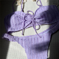 Purple Wrinkle Swimwear Front Lace-up Bandeau Bikinis Sets