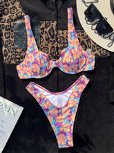 Purple Yellow Printed Swimsuit Woman Underwire V-neck Bikini High Waist Two Piece Swimwear Backless Beach Bathing Suit
