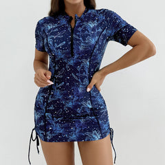 Rash Guard Short Sleeve Swimwear Blue Floral Print Half Zipper Drawsting Side Swimsuit Beach Bathing Swimming Suits