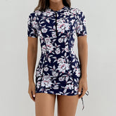 Rash Guard Short Sleeve Swimwear Blue Floral Print Half Zipper Drawsting Side Swimsuit Beach Bathing Swimming Suits