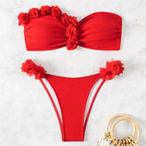 Red Mesh Flower Bandeau Bikinis Sets