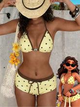 Retro Polka Dot Two Piece Bathing Suit Halter String Bikini Elastic Waist Drawstring Boyshort Swimwear Female Swimsuits