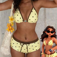 Retro Polka Dot Two Piece Bathing Suit Halter String Bikini Elastic Waist Drawstring Boyshort Swimwear Female Swimsuits