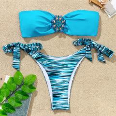 Rhinestone Flower Accessories Swimsuit 2-piece Mini Bikini Strapless Backless Bathing Suit Beach Swimwear