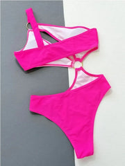 Rose Red Bikini One Piece Swimwear Single Shoulder Irregular Hollow Out Monokini High Waist Backless Swimsuit