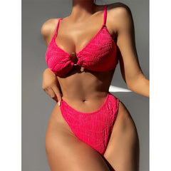 Rose Red High Waist 2-piece Swimsuit Solid Color V-neck Suspender Bikini Backless Bathing Suit Beach Swimwear