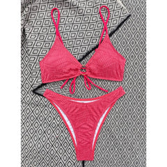 Rose Red High Waist 2-piece Swimsuit Solid Color V-neck Suspender Bikini Backless Bathing Suit Beach Swimwear