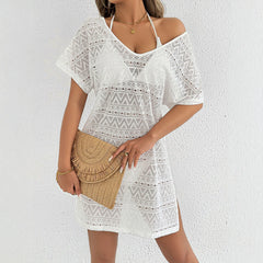 S - XL V Neck Short Sleeve Hollow Out Knitted Tunic Beach Cover Up Cover-ups Beach Dress Beach Wear Beachwear Female Women