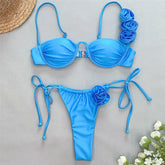 3D Flower Blue Push Up Bikinis Sets