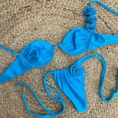 3D Flower Blue Push Up Bikinis Sets