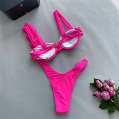 3D Flower Rose Red Push Up Bikinis Sets