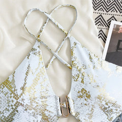 Backless White Swimsuit Woman One Piece Snake Pattern Swimwears Hollow Out Monokini Metal Ring String High Cut Bather