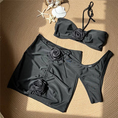 Black 3D Flower Bandeau Swimwear Skirts Cover Ups Thong 3 Piece Bikini Set