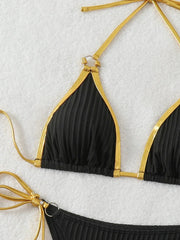 Black Contrast Ribbed Micro Bikini Metal Circle Push Up Tie Side Thong Swimsuit Beach Bathing Suit Swimwear