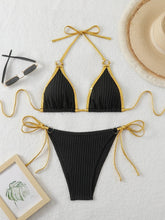Black Contrast Ribbed Micro Bikini Metal Circle Push Up Tie Side Thong Swimsuit Beach Bathing Suit Swimwear