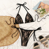 Black Lace Mesh Halter String Triangle Bikini Femmes Micro Thong Swimsuit Metal Ring Swimwear Bikinis Sets