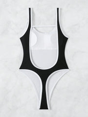 Black Patchwork One Piece Swimsuit Hollow Out Backless Slim Thong Swimwear Beach Bathing Suit Holiday Monokini