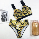 Black Print High Waisted Bikini Push Up Lace Straps Swimsuits Swimwear Bathing Suit Brazilian Bikini Mujer