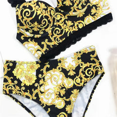 Black Print High Waisted Bikini Push Up Lace Straps Swimsuits Swimwear Bathing Suit Brazilian Bikini Mujer