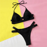 Black Ribbed String Halter Swimwear Thong Bikini Mujer Push Up Swimsuit Bathing Suit Bather Bandage Bikinis Set