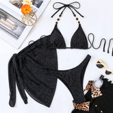 Black Shiny Swimwear Sarong String Halter Triangle Bikinis Sets