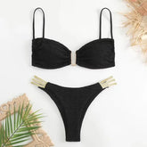 Black Wrinkled Swimwear U Shaped Bandeau Bikinis Sets