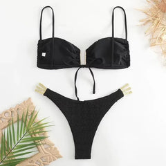 Black Wrinkled Swimwear U Shaped Bandeau Bikinis Sets
