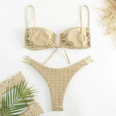 Black Wrinkled Swimwear U Shaped Bandeau Bikinis Sets
